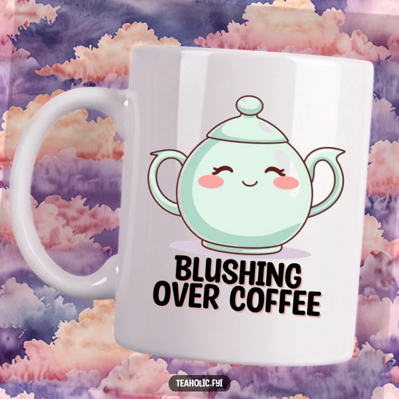Funny mug with a shy teapot character blushing adorably, conveying bashfulness and sweet charm.