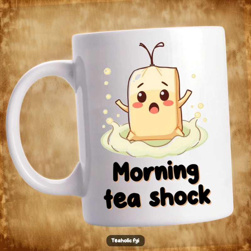 Funny surprised teabag character comically floating on a bubbly tea sea, depicted on a ceramic mug.
