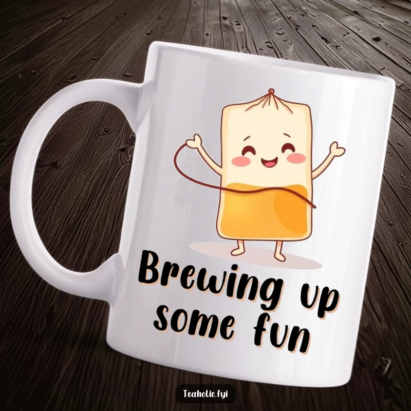Funny tea bag mug with a smiling character doing a cheerful jig, a hilarious and funny gift for tea enthusiasts.