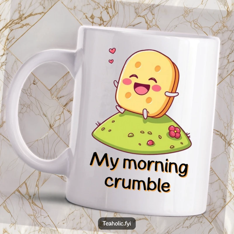 Funny Tea Biscuit Mug featuring a laughing tea biscuit character gleefully rolling down a grassy hill, full of joy.