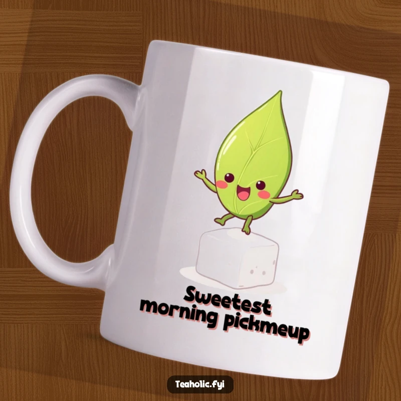 Funny tea leaf character joyfully bouncing on a sugar cube, exuding happiness and energy on a mug, perfect for tea lovers.