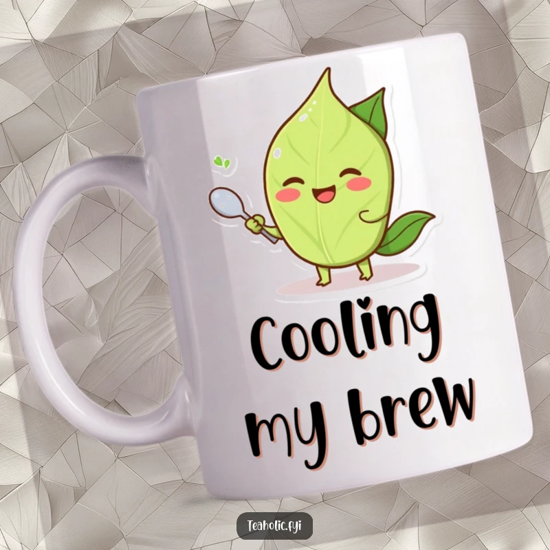 Funny smiling tea leaf character joyfully fanning itself using a small spoon, a humorous mug.