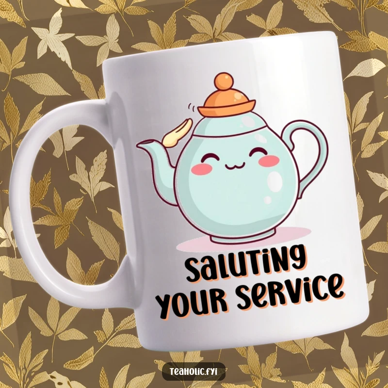 Funny teapot mug with a character wearing a tiny hat and saluting proudly, a humorous and funny gift.