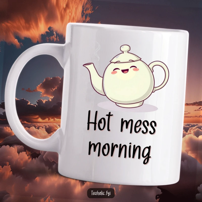 Funny mug showing a teapot character comically tripping over its own rising plume of steam, looking surprised and awkward.