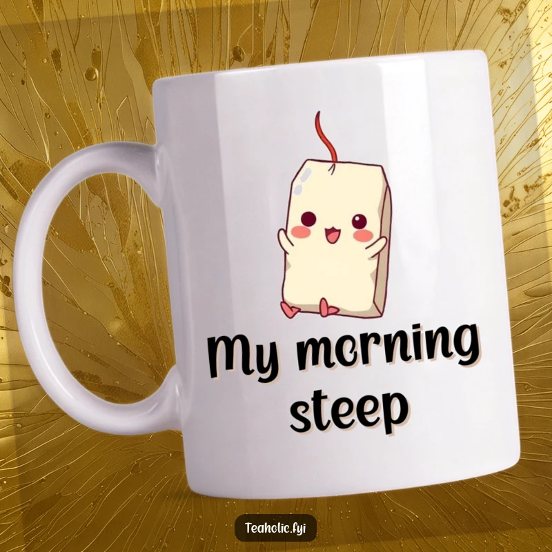 Funny mug showing a tea bag character with determination attempting to swing from a precarious sugar cube, capturing a moment of comedic struggle.