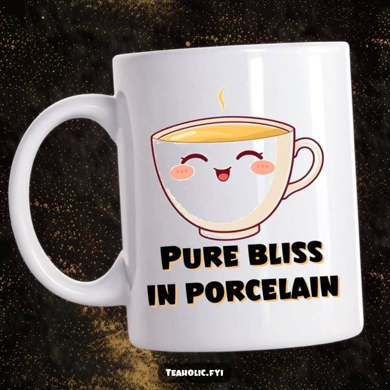 Funny teacup mug with a cheerful character savoring a sip with eyes closed in delight, perfect for a funny gift.