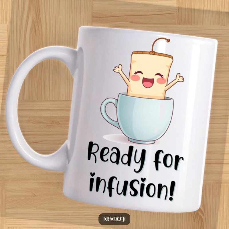 Funny jumping tea bag mug, a delighted character gleefully leaping into a coffee cup with a joyful expression, bringing humor.