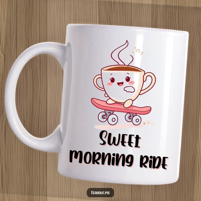 Funny mug showing a steaming teacup character joyfully riding a sugar cube as if it were a skateboard, full of energy.