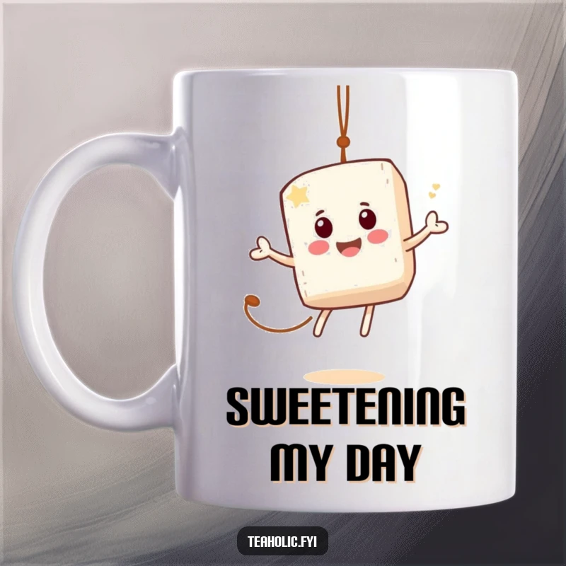 Funny mug featuring a jovial sugar cube character happily bouncing on a tea bag string, bringing sweet energy.