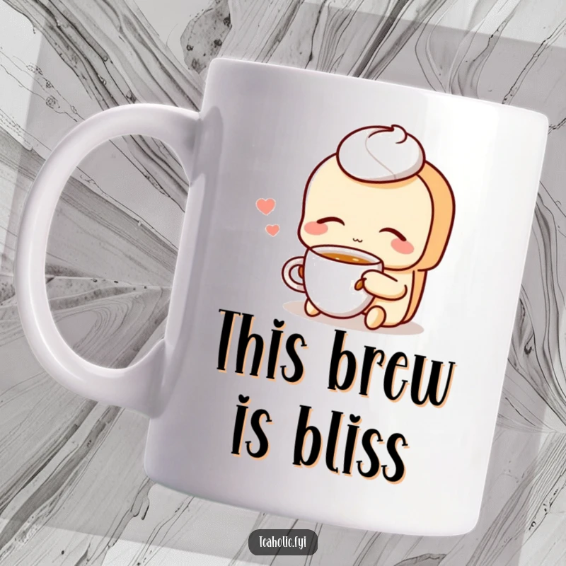 Funny Pastry Mug: A contented pastry character sips tea with eyes closed, radiating peaceful enjoyment and relaxation.