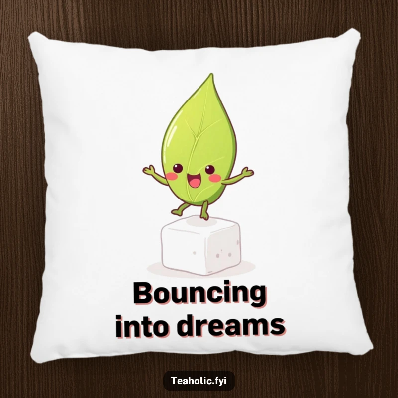 Funny tea leaf character bouncing playfully on a sugar cube for a decorative pillow, bringing comfort and humor to any seating area.