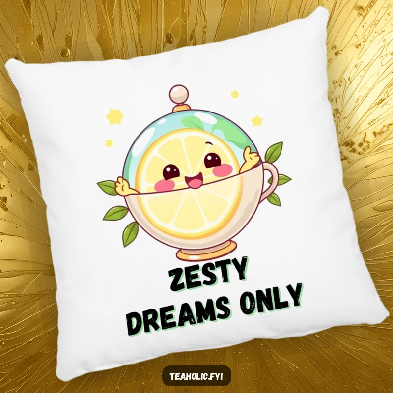 Funny pillow with a joyful lemon slice character zipping around a teacup globe, offering zesty comfort and vibrant energy.