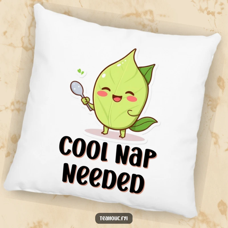 Funny smiling tea leaf character fanning itself with a tiny spoon, a soft and funny pillow.