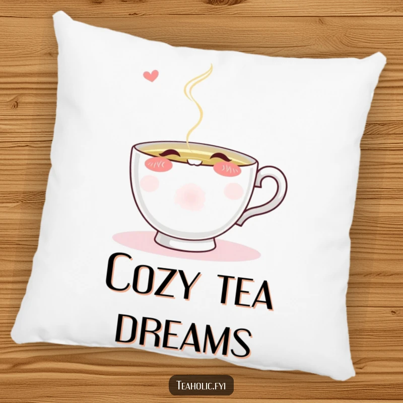 Funny blushing teacup character eagerly sipping from a stream of steaming tea, embroidered on a soft, decorative pillow.
