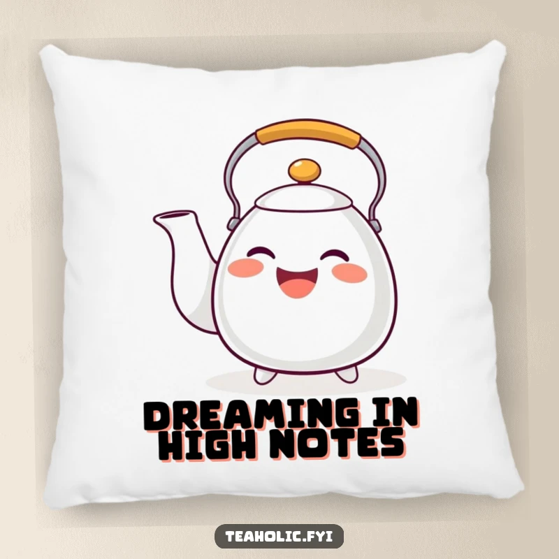 Funny tea kettle pillow featuring a happy whistling character, perfect for comfort and as a funny gift.