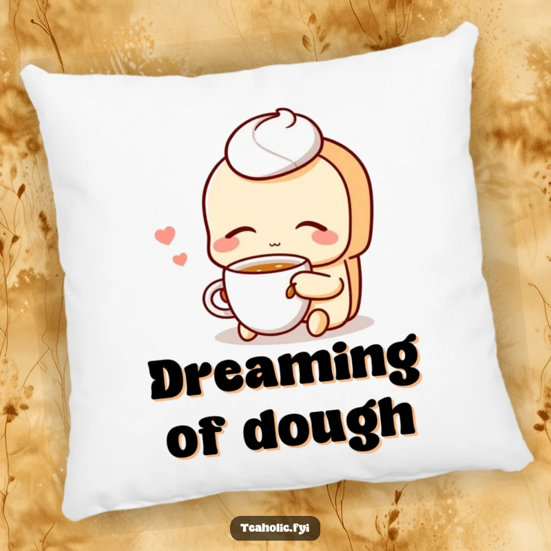 Funny Pastry Pillow: A blissful pastry character sips tea with eyes closed, offering plush comfort and serene humor.