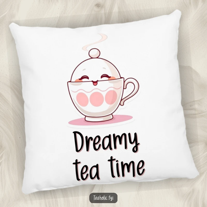 Funny pillow featuring a steaming teacup character winking playfully, offering cozy comfort and a warm presence.