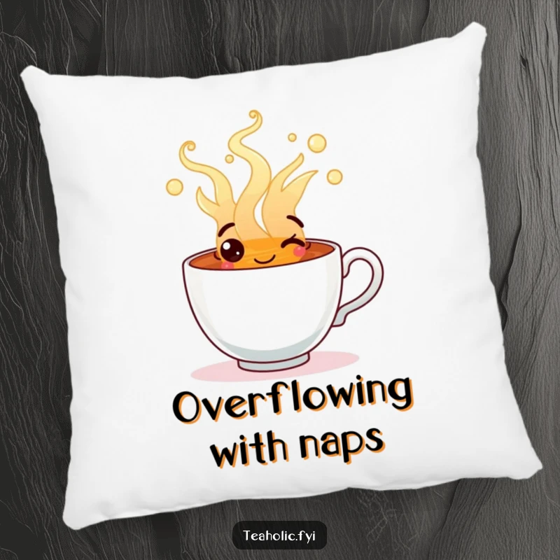 Funny pillow showing a happy tea cup character overflowing with steaming, cheerful tea, perfect for cozy relaxation.