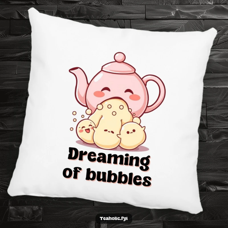 Funny pillow showing a giggling teapot character pouring a stream of bubble-like characters, perfect for cozy whimsy.