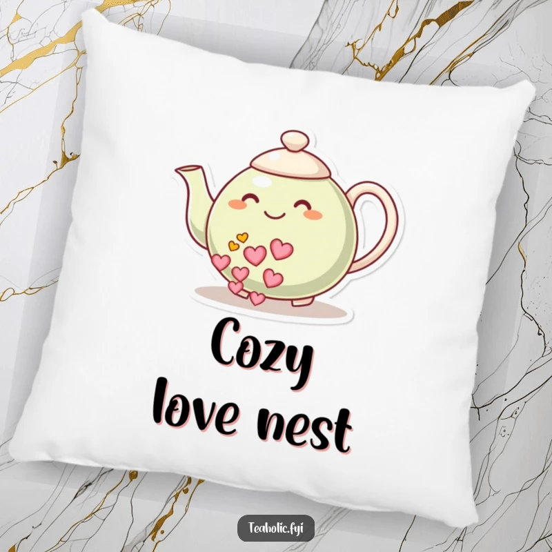 Funny pillow: A smiling teapot character pours a stream of hearts, bringing a cozy and loving atmosphere to any relaxation space.