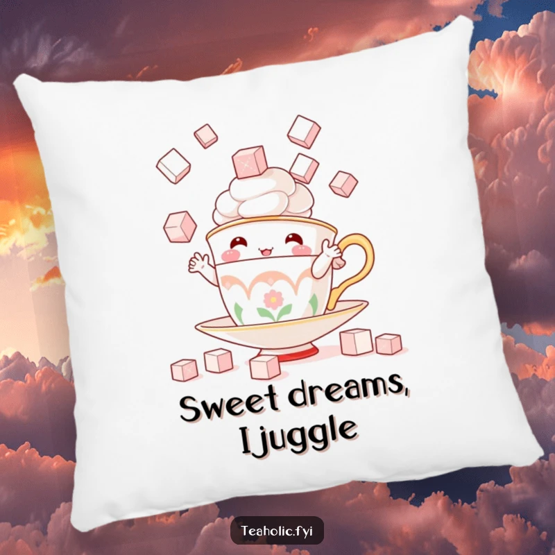 Funny pillow with a playful teacup character juggling sugar cubes, perfect for adding a sweet and whimsical touch to seating.