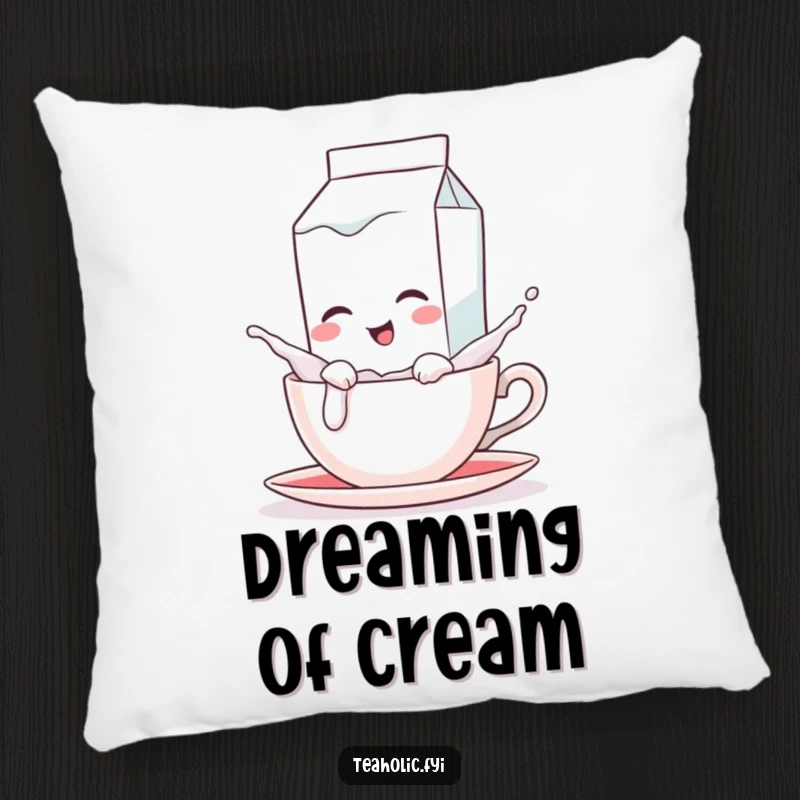 Funny pillow with a soft texture, depicting a winking milk carton character playfully splashing into a teacup, adding whimsy.