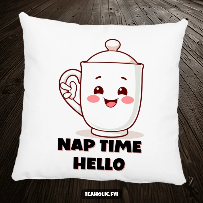 Funny pillow with a smiling mug character waving its handle, a comforting funny gift.