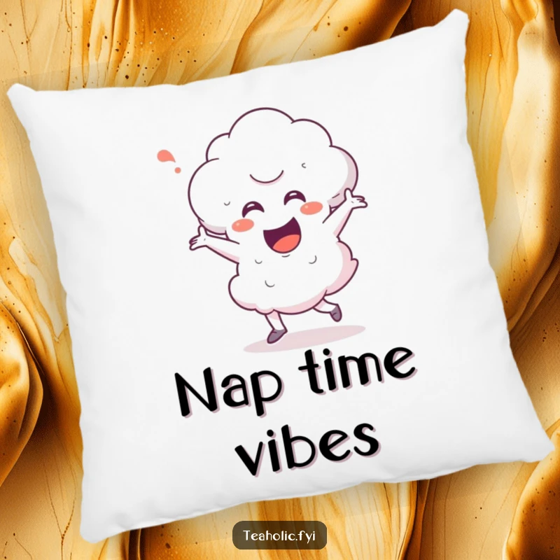 Funny steam cloud character in a celebratory happy dance, depicted on a soft pillow, perfect for adding humor to home decor.