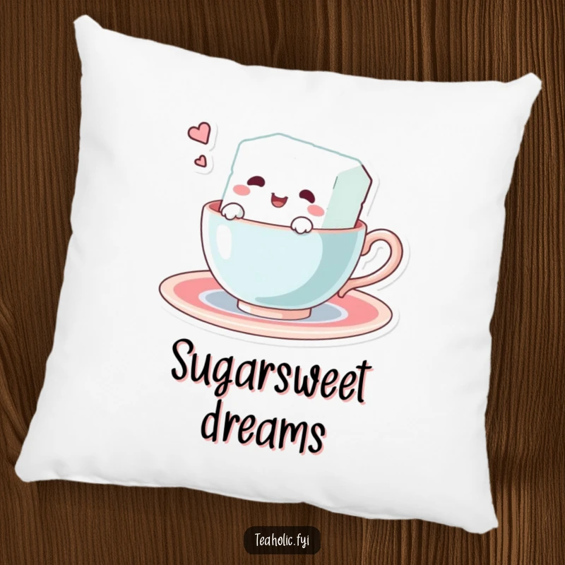 Funny pillow featuring a cheerful sugar cube character swimming playfully within a teacup. Soft, comfortable, and humorous decor.