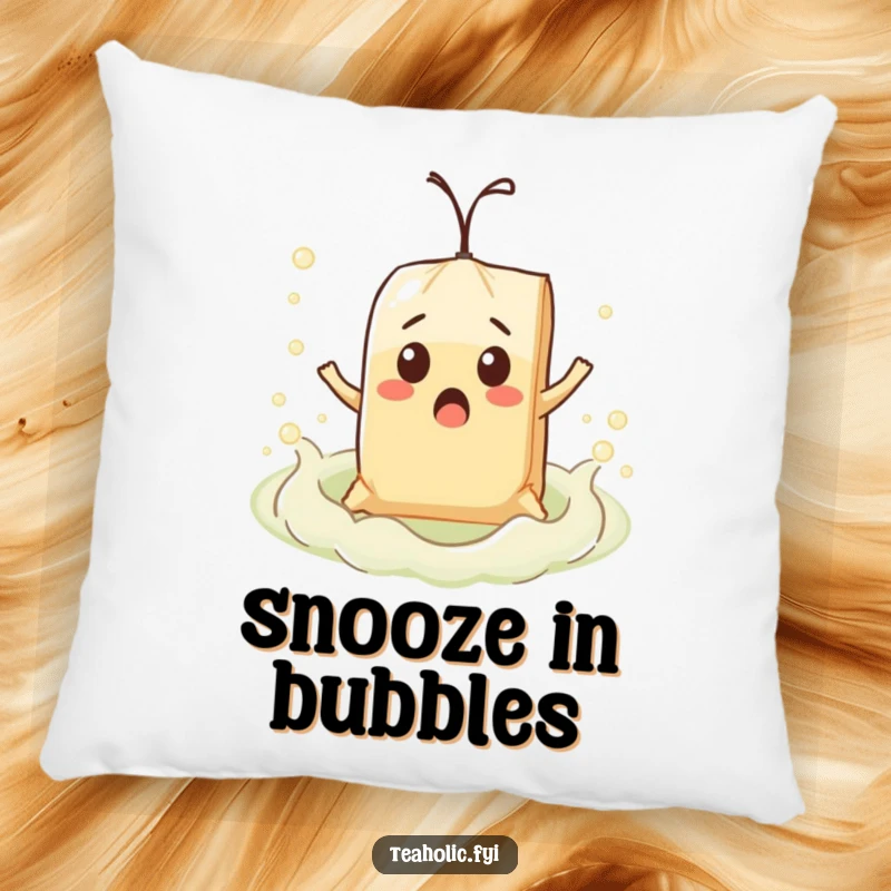 Funny surprised teabag character comically floating on a bubbly tea sea, embroidered on a soft, decorative pillow.