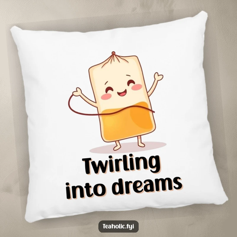 Funny tea bag pillow featuring a smiling character dancing a jig, perfect for comfort and as a funny gift.