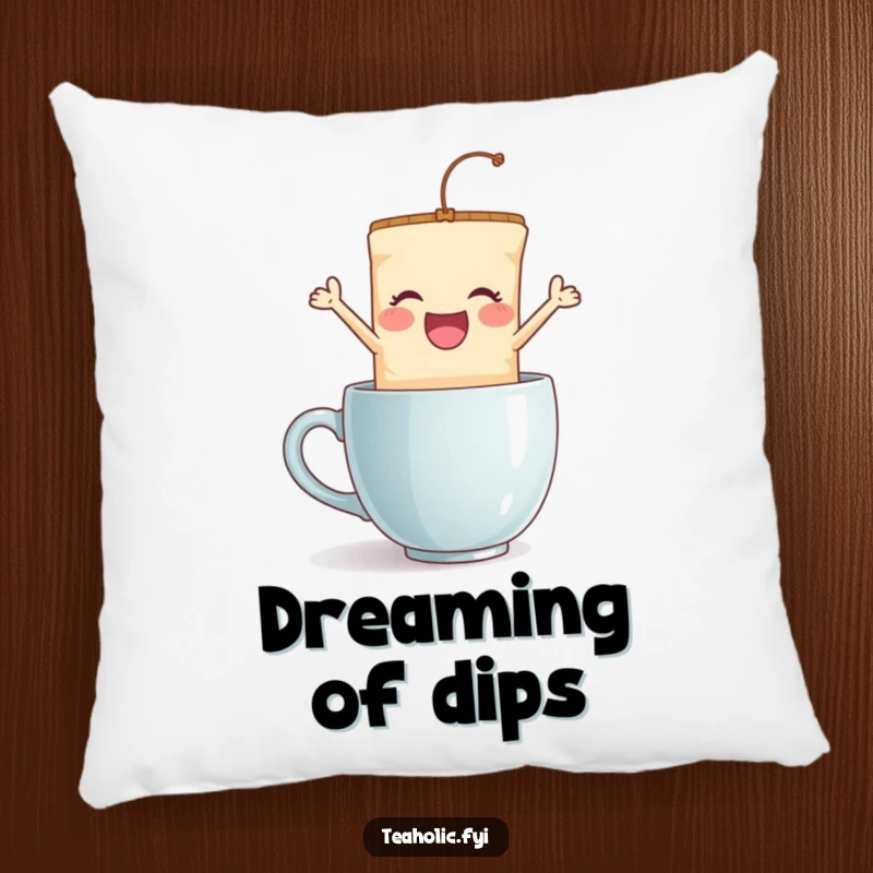 Funny tea bag jump pillow, a delighted character making a playful leap into a mug, soft decorative cushion with a humorous theme.