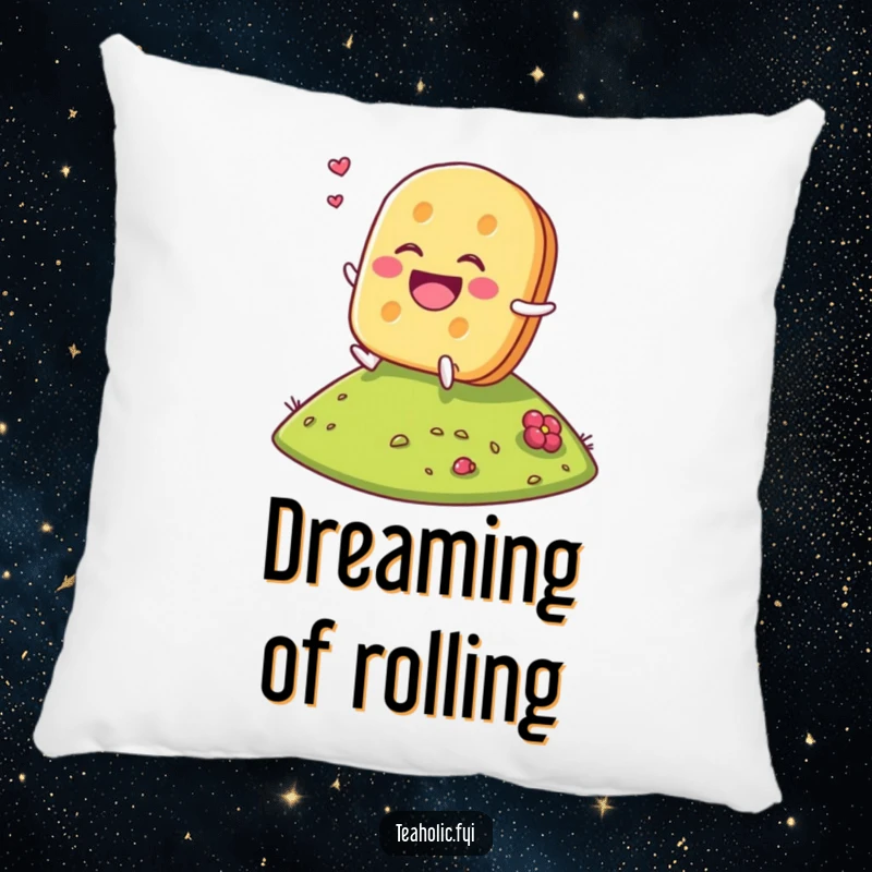 Funny Tea Biscuit Pillow with a laughing tea biscuit character rolling down a hill, offering soft comfort and whimsical humor.