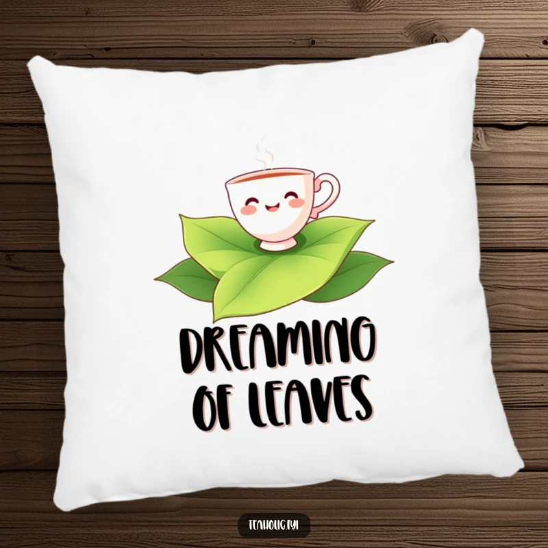Funny smiling teacup character floating peacefully on a giant tea leaf, a soft and funny pillow.