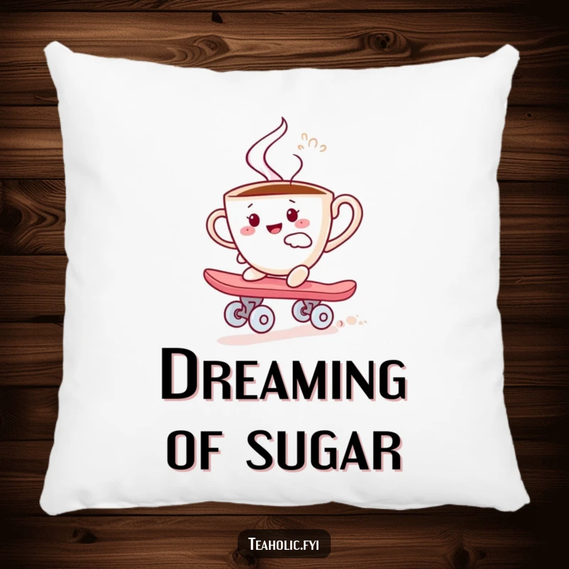Funny pillow designed with a steaming teacup character joyfully skateboarding on a sugar cube, offering humorous comfort and style.