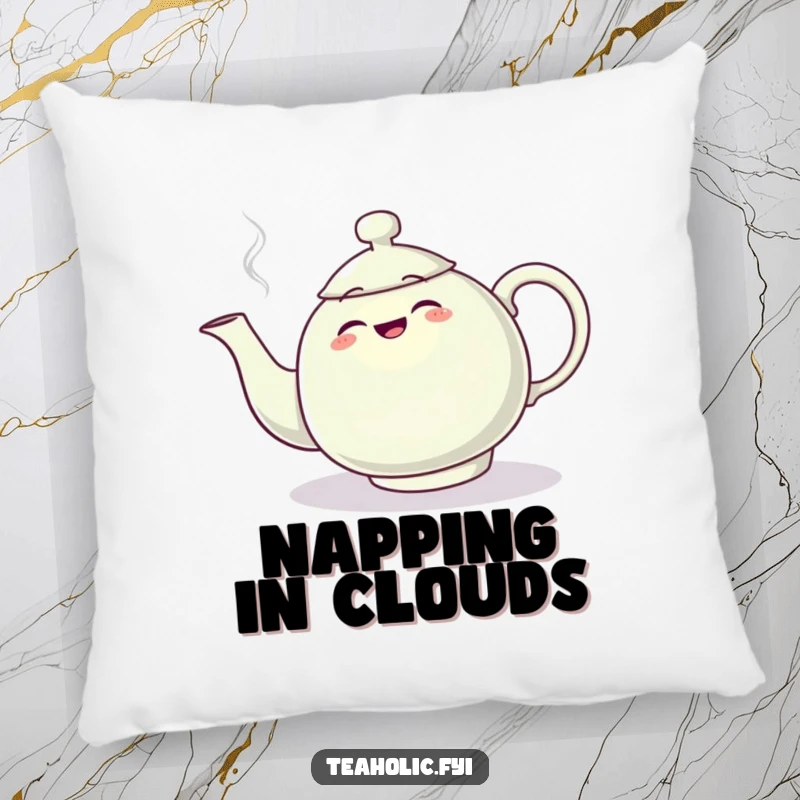 Funny pillow designed with a teapot character comically tripping over its steam plume, offering humorous comfort and style.