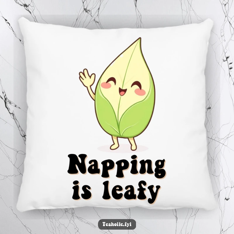 Funny waving tea leaf pillow, a smiling character enthusiastically waving hello, soft and comfortable decorative cushion with a cheerful, humorous theme.