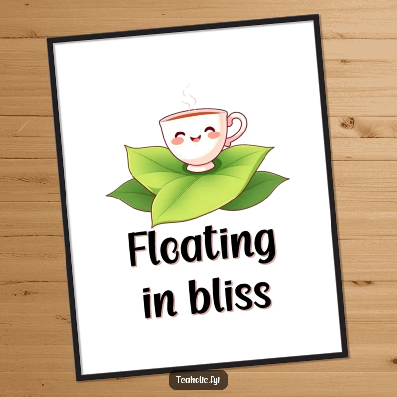 Funny smiling teacup character floating on a giant tea leaf, instant funny digital art for home.