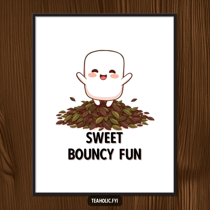 Funny giggling marshmallow character playfully bouncing on a pile of tea leaves, as a downloadable humorous art print.