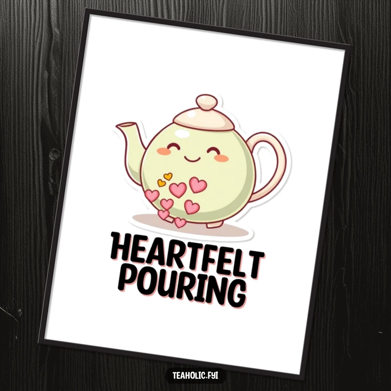 Funny digital art print: A smiling teapot character pours a stream of hearts, symbolizing love and warmth.