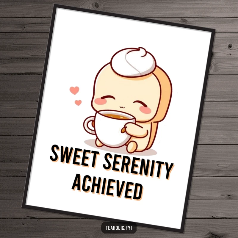 Funny Pastry Digital Art Print: A contented pastry character sips tea with eyes closed, bringing sweet serenity to digital decor.