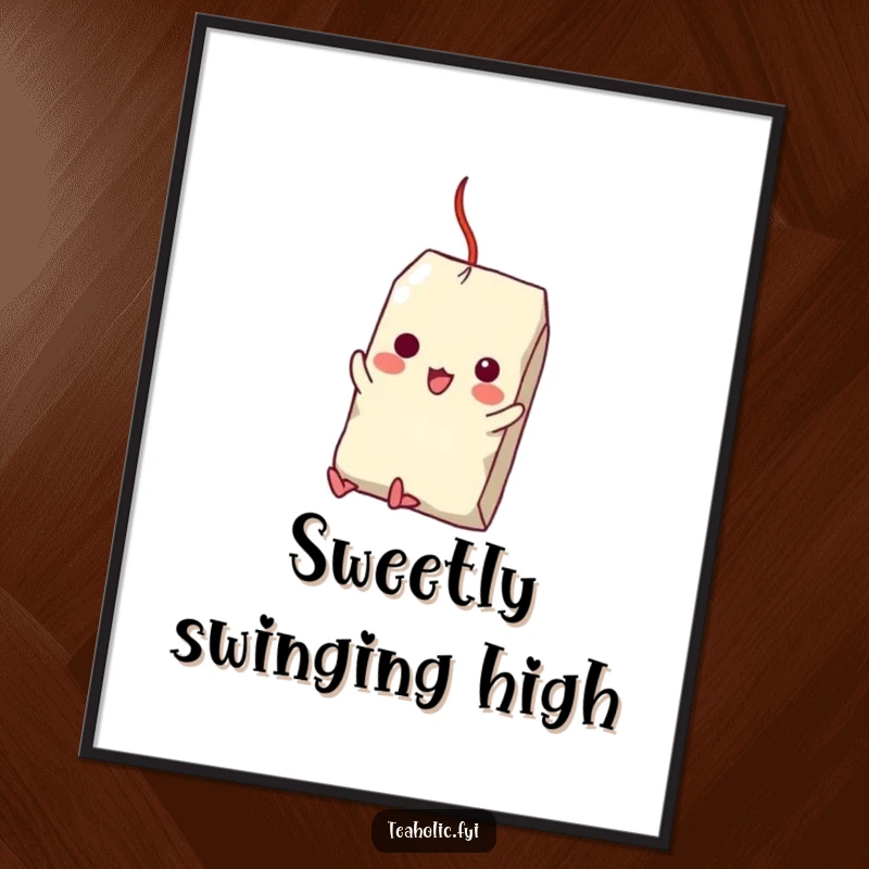 Funny digital art of a tea bag character swinging from a sugar cube, ready to be printed and displayed for comedic effect.