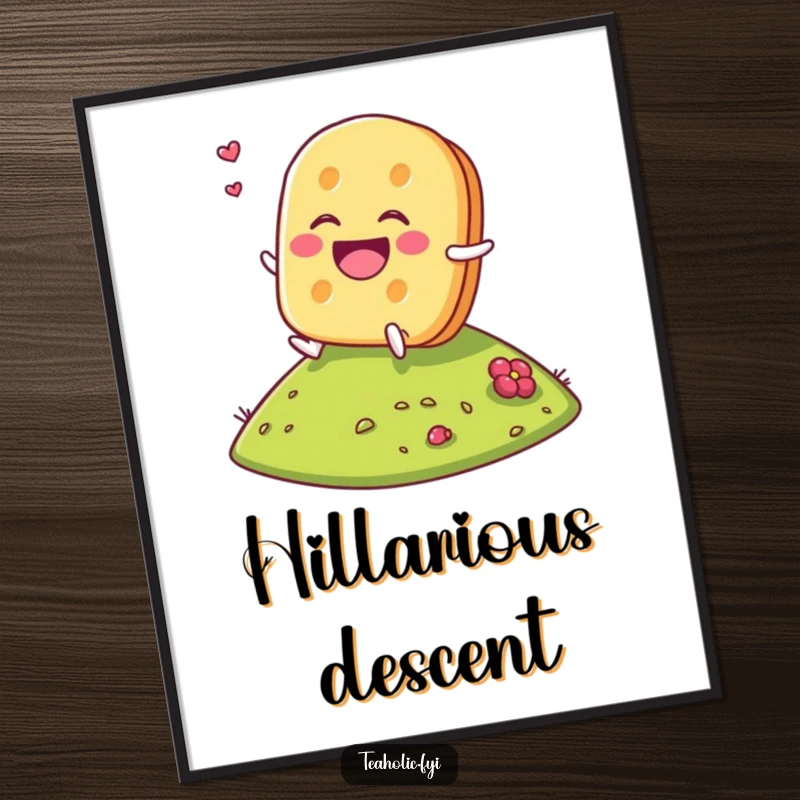 Funny Tea Biscuit Digital Art Print of a laughing tea biscuit character gleefully rolling down a hill, perfect for joyful decor.