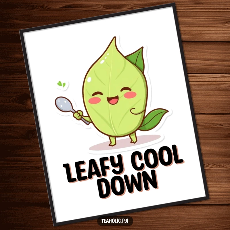 Funny smiling tea leaf character fanning itself with a tiny spoon, instant refreshing and funny digital art.