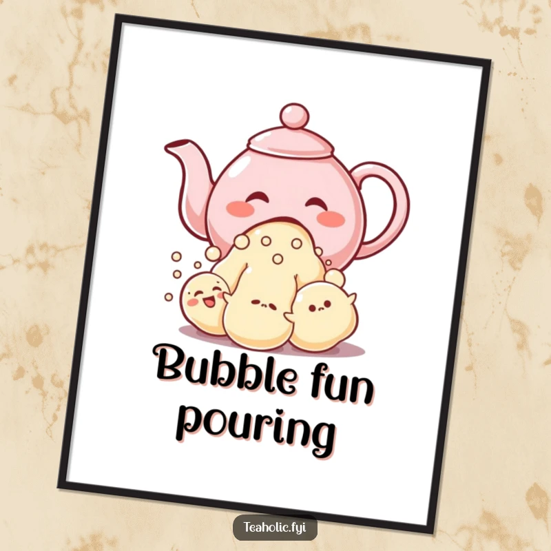 Funny digital art print of a giggling teapot character pouring a stream of cheerful, bubble-like characters.