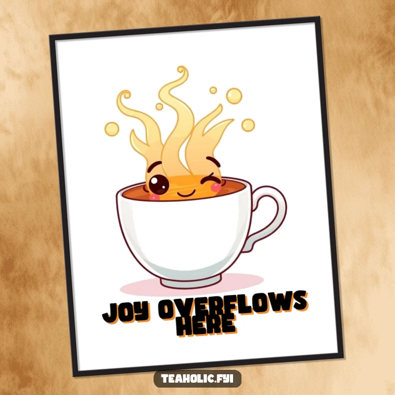 Funny digital art print of a happy tea cup character overflowing with steaming, cheerful tea, radiating joy.