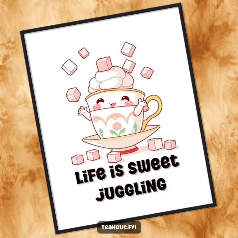 Funny digital art print of a whimsical teacup character juggling sugar cubes, perfect for adding playful sweetness to decor.