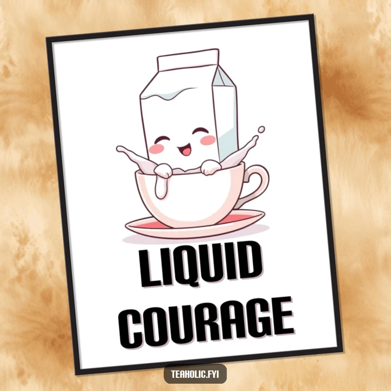 Funny digital art print of a winking milk carton character playfully splashing into a teacup, ideal for instant playful decor.