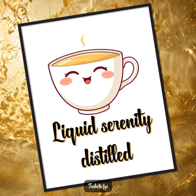 Funny teacup digital art print of a cheerful character sipping tea happily, instant download for a funny gift.