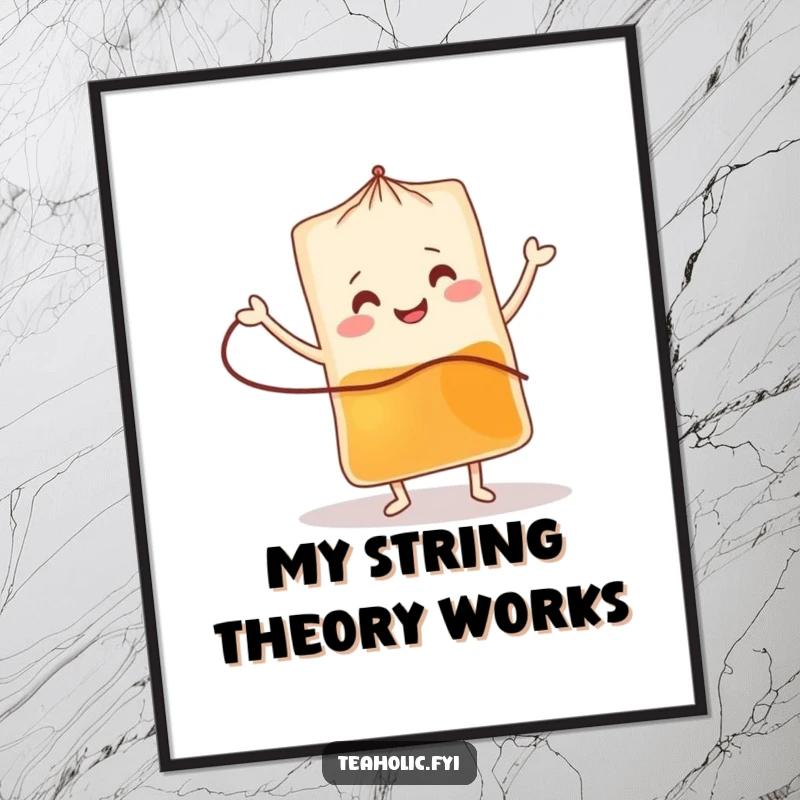 Funny tea bag digital art print of a smiling character dancing a jig, instant download for a funny gift.